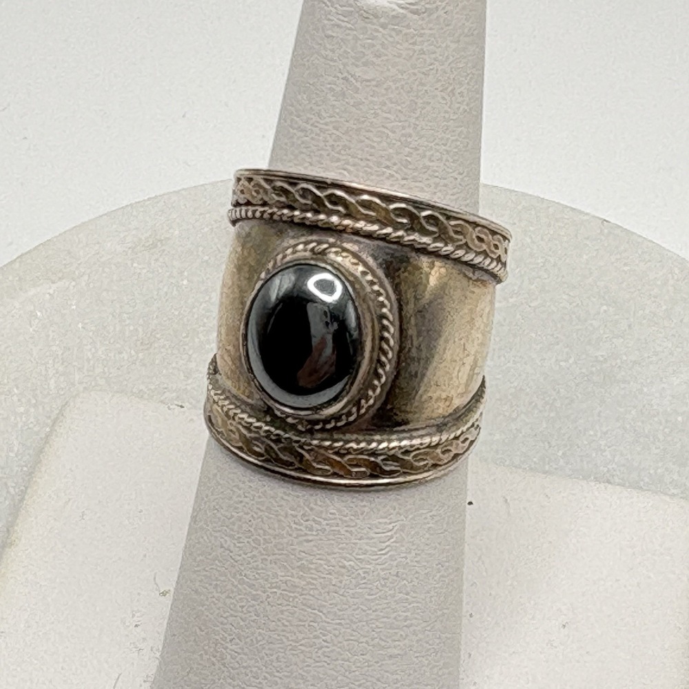 Vintage Sterling Silver Hematite Wide Band Ring Size 7 Bali Boho Braided Estate